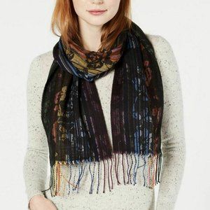 Cejon | Floral Rainbow w/ Dark Black Linear Design Fringe Scarf